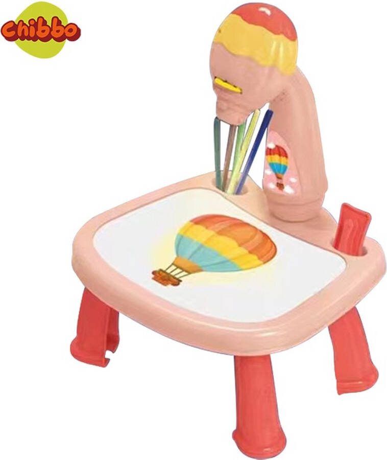 CHIBBO Luchtballon roze Tekentafel Kinderen met Projector & Muziek Magisch Tekenbord Peuter Leren Tekenen in Hoogte Verstelbaar Incl Kleurboek & Stiften Kerstcadeau