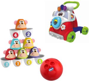 Chicco bundel Bowling Aapjes 2-in-1 Bowlingspel en Blikgooien & Babywalker Happy Hippie Looptrainer