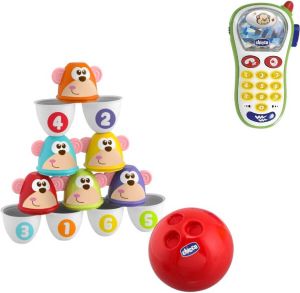 Chicco bundel Bowling Aapjes 2-in-1 Bowlingspel en Blikgooien & Rammelaar Baby Fototelefoon