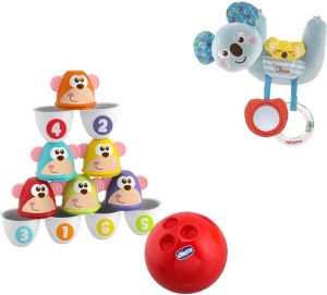 Chicco bundel Bowling Aapjes 2-in-1 Bowlingspel en Blikgooien & Rammelaar Koalabeer Te bevestigen aan kinderwagen