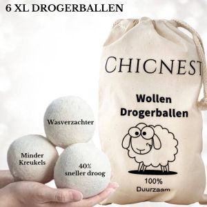 CHICNEST Drogerballen XL 6 STUKS + opbergzak wasballen energiebesparend wasbollen droogballen herbruikbaar Droogt tot 40% sneller Wasverzachter dryer balls duurzaam drogen droogbal