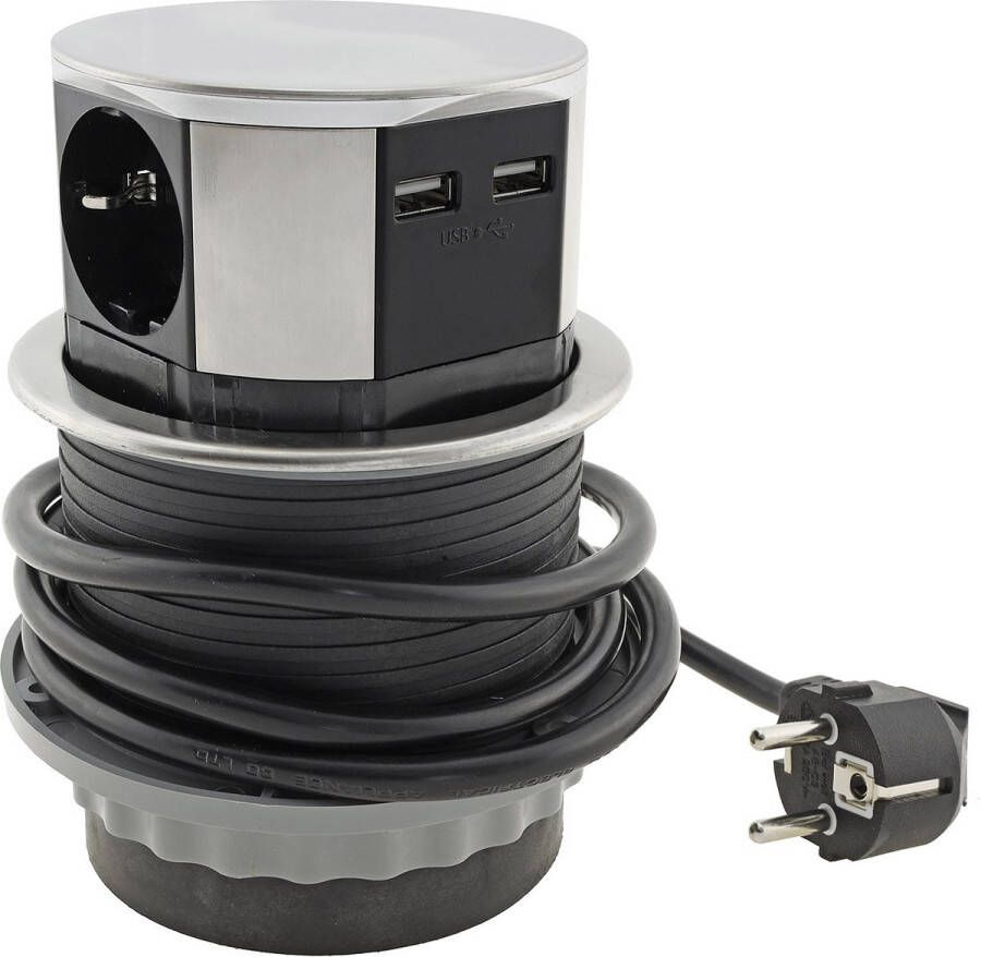 Chilitec GmbH Verticale Stekkerdoos met USB Pop up stekkerblok met 3 stopcontacten en 2 USB Ø 100mm Inbouw Verdeelstekker met 1.5 meter kabel Stekkerblok voor max. 3600 Watt