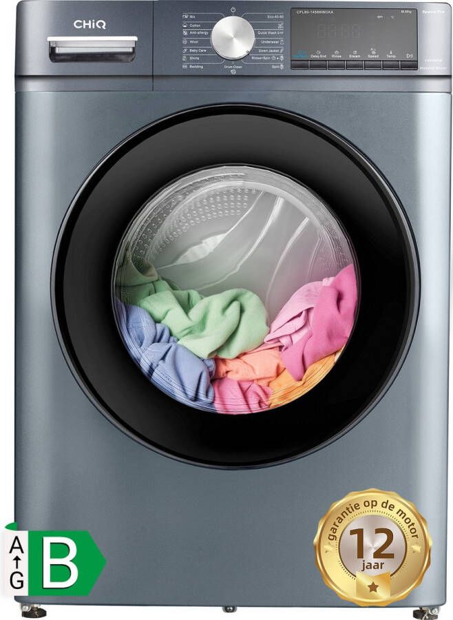 Chiq CFL80-14586IM3XB wasmachine met voorlader 8 kg 1400 tpm toonbankdiepte grote trommel invertermotor stoomwassen snel wassen kinderslot 60x52×84cm