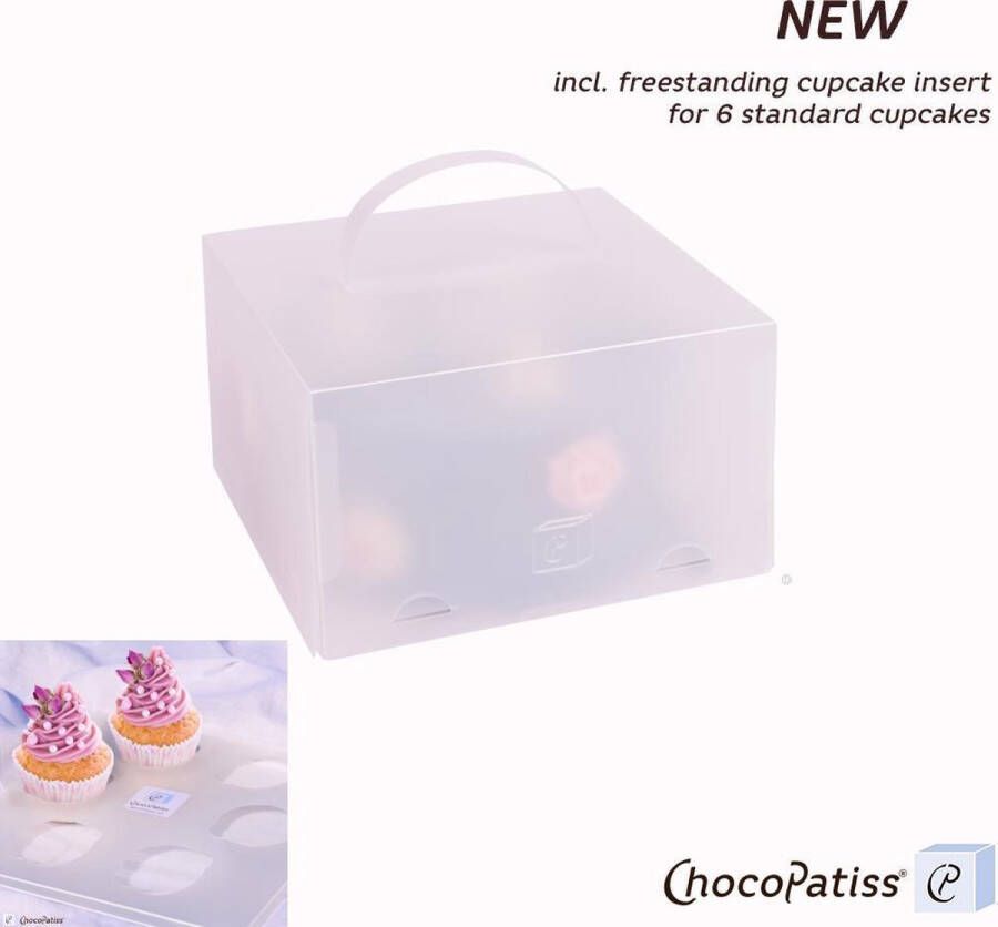 ChocoPatiss Herbruikbare kunststof Cake Box 26x26x15cm opvouwbare taartdoos met vrijstaande cupcake insert voor 6 cupcakes.