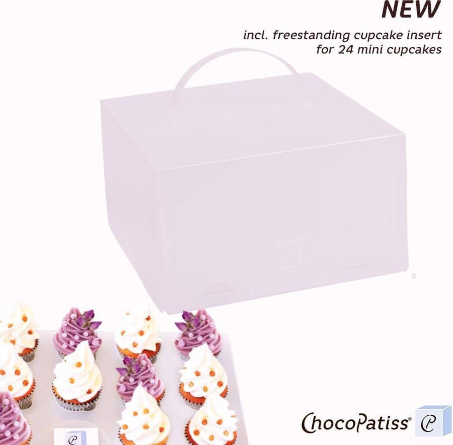 ChocoPatiss Herbruikbare kunststof Cake Box 32x32x15cm opvouwbare taartdoos Frosted met vrijstaande cupcake insert voor 24 mini cupcakes.