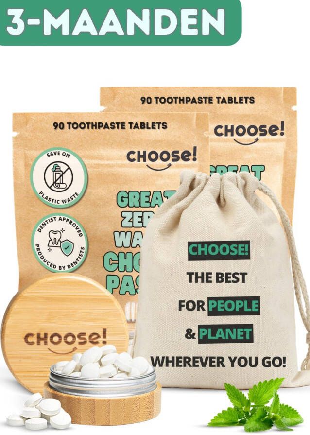 Choose! CHOOSE 3-Maandpakket Tandpasta Tabletten met Bamboe Pot en Katoenen Zakje 12 Weken Voorraad Duurzaam Aanbevolen door Tandartsen Zero Waste Vegan Fluoride Ecologisch Verantwoord