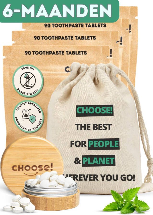 Choose! CHOOSE 6-Maandpakket Tandpasta Tabletten met Bamboe Pot en Katoenen Zakje 6 Maanden Voorraad Refill Box Duurzaam Aanbevolen door Tandartsen Zero Waste Vegan Fluoride Ecologisch Verantwoord