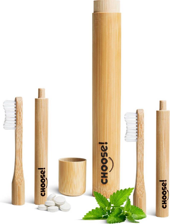 Choose! CHOOSE Bamboe Tandenborstel Set 2x Bamboe Tandenborstel Tandenborstelhouder Gratis 14 Tandpasta Tabletten