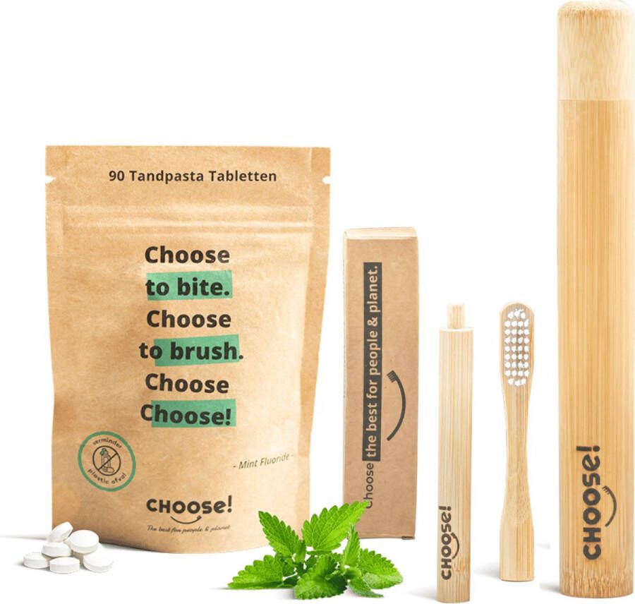 Choose! CHOOSE Gift Box Complete Tandpasta Tabletten Bamboe Tandenborstel koker Refill Pot 6 weken voorraad