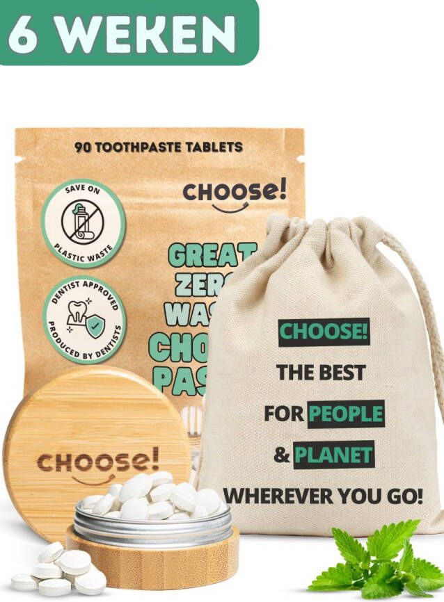 Choose! CHOOSE Starter Box Tandpasta Tabletten met Bamboe Pot en Katoenen Zakje 6 Weken Voorraad Gemaakt door Tandartsen