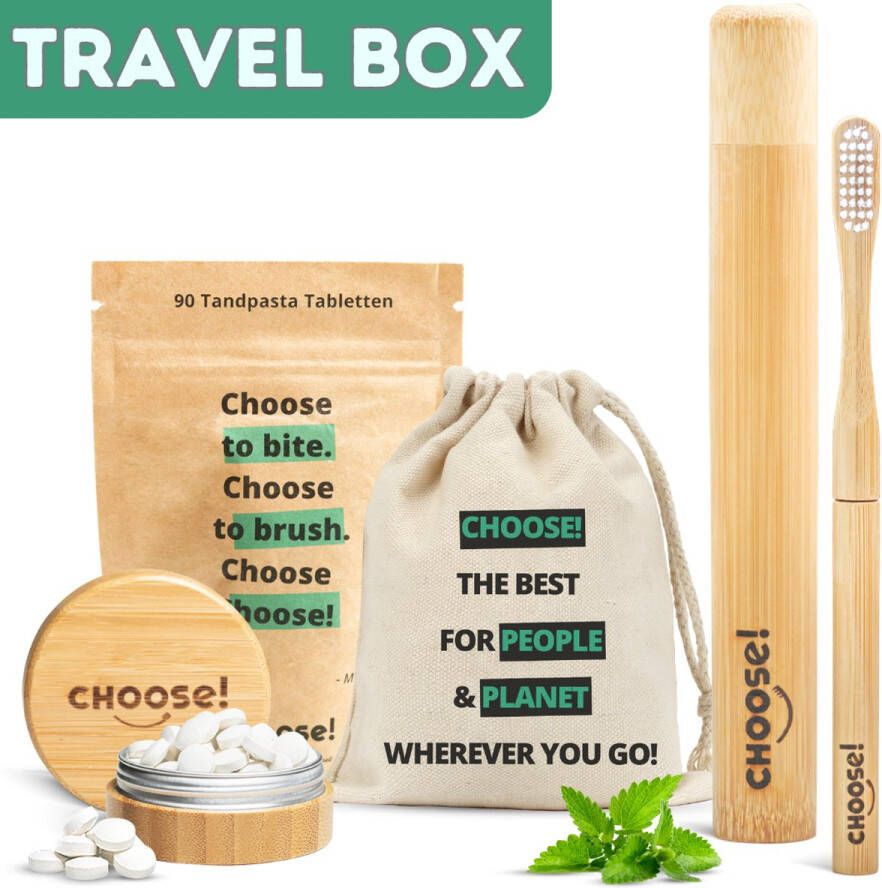 Choose! CHOOSE Gift Box Complete Tandpasta Tabletten Bamboe Tandenborstel koker Refill Pot 6 weken voorraad