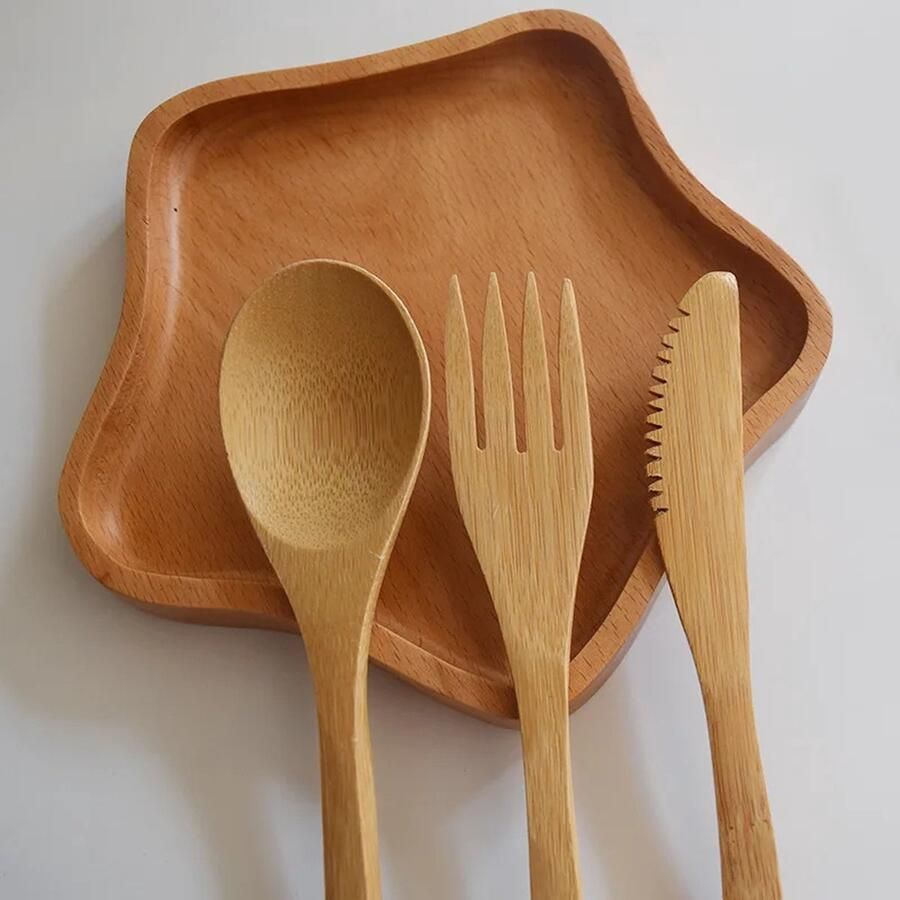 CHPN Besteksetje Bestek set 3-delig Bamboe bestek Vork lepel en mes Perfect voor onderweg Met handig opbergzakje