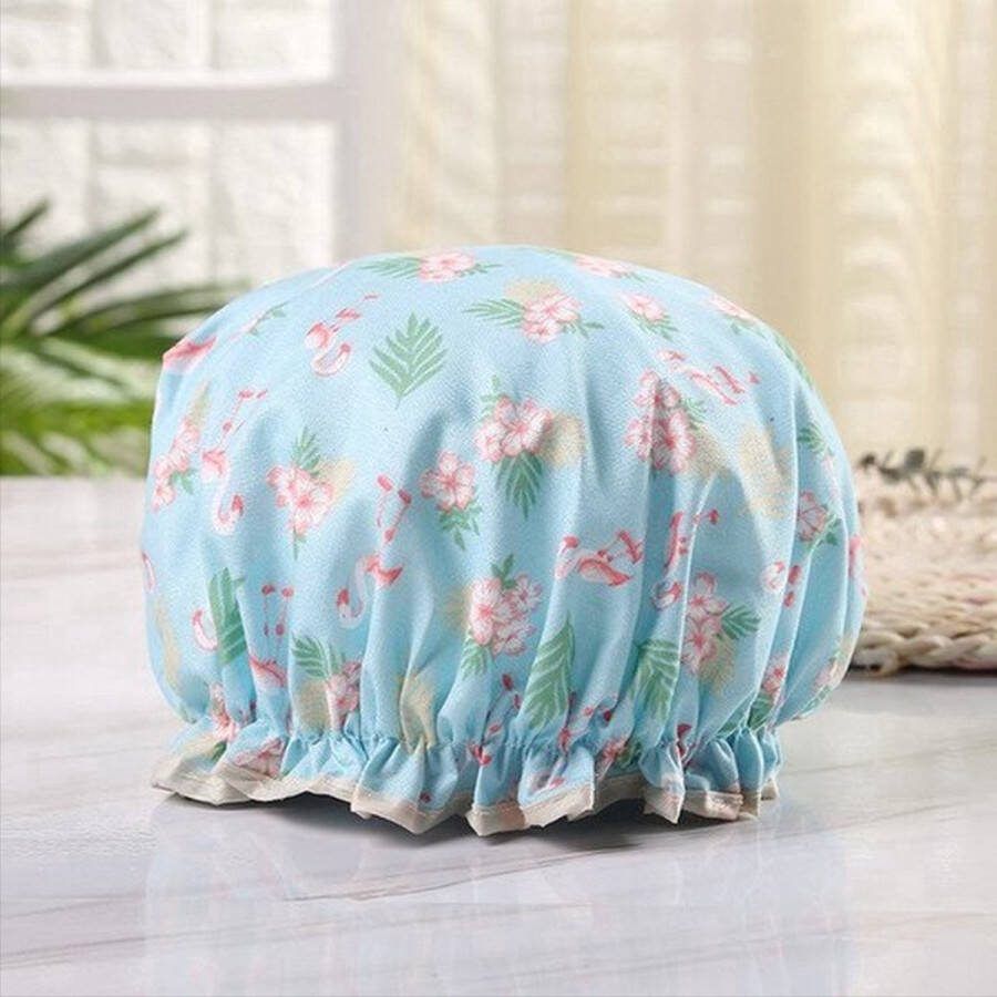 CHPN Douchemuts Hippe douchemuts Blauw met flamingo en bloemetjes Douchekapje Praktische douchemuts Douche kapje Douche cap Douchecap Douche muts Shower cap Flamingo en bloemen