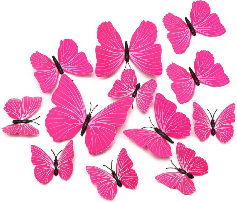 CHPN Muurvlinders Vlinders Set 12stuks Muurdecoratie 3D vlinders Roze Muur aankleding Decoratie Muurstickers