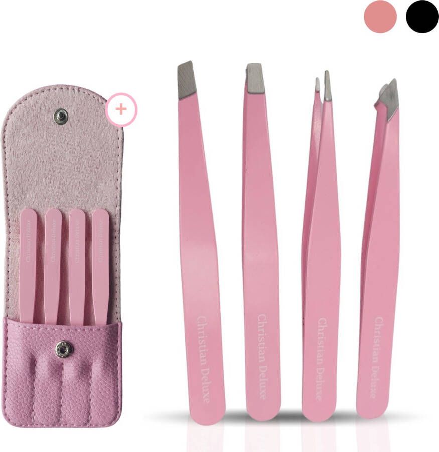 Christian Deluxe 4 Delig Pincetten Set Roze Pincet Epileer Set Professionele Wenkbrauw Pincet Epileer Set Luxe Etui