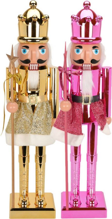 Christmas Decoration Notenkraker decoratie figuur beelden set 2x st 60 cm goud en roze kunststof