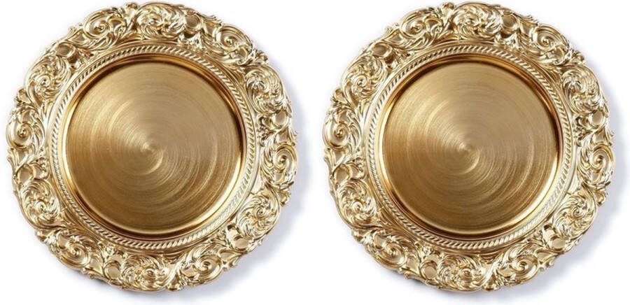 Christmas wood 4x Diner borden onderborden goud met decoratieve rand 33 cm rond onderbord kaarsenbord onderzet bord