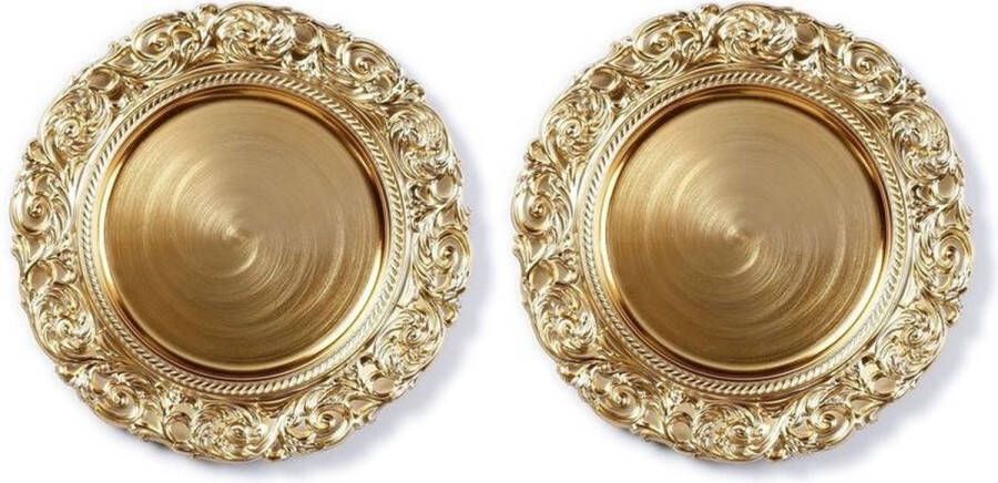 Christmas wood 4x Diner borden onderborden goud met decoratieve rand 33 cm rond onderbord kaarsenbord onderzet bord