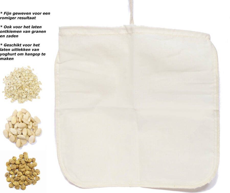 ChufaFactory Notenmelkzak (notenmelkdoek kaasdoek neteldoek) van biologisch katoen 30 x 30 cm extra fijn geweven voor een romiger resultaat