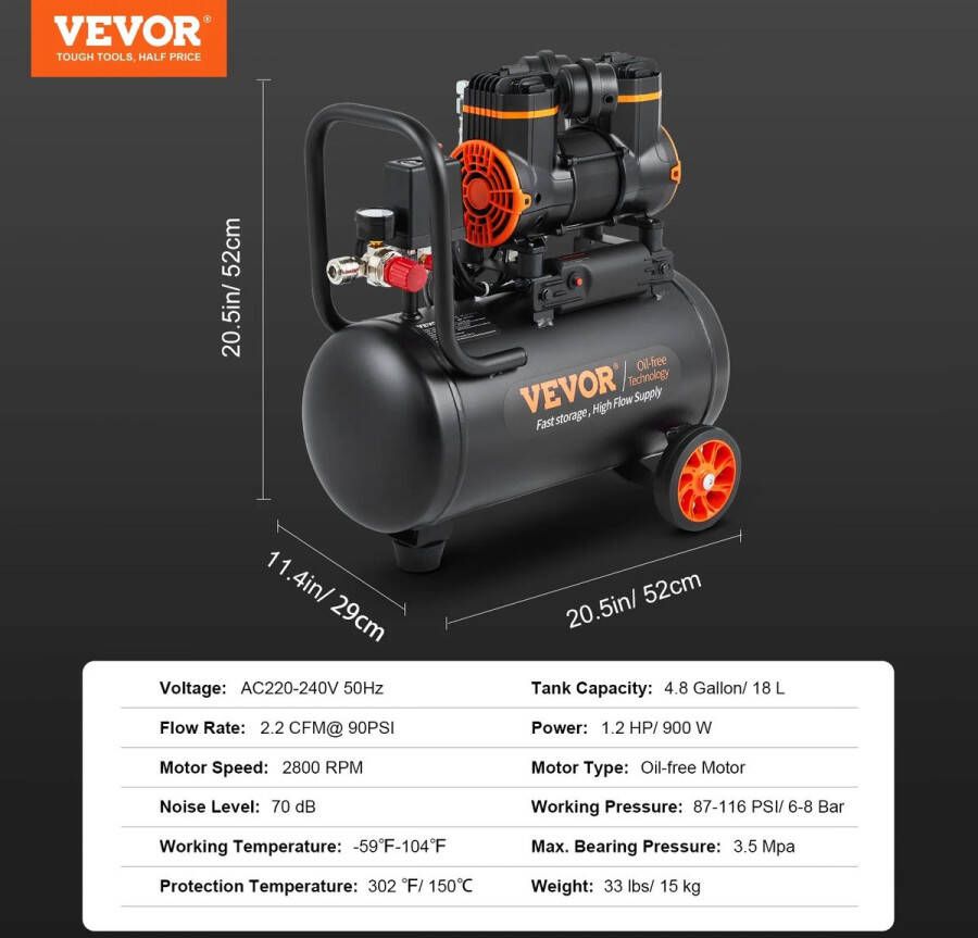 Chuvie Compressor 18L Stille persluchtcompressor 2800rpm fluistercompressor 70dB olievrije compressor