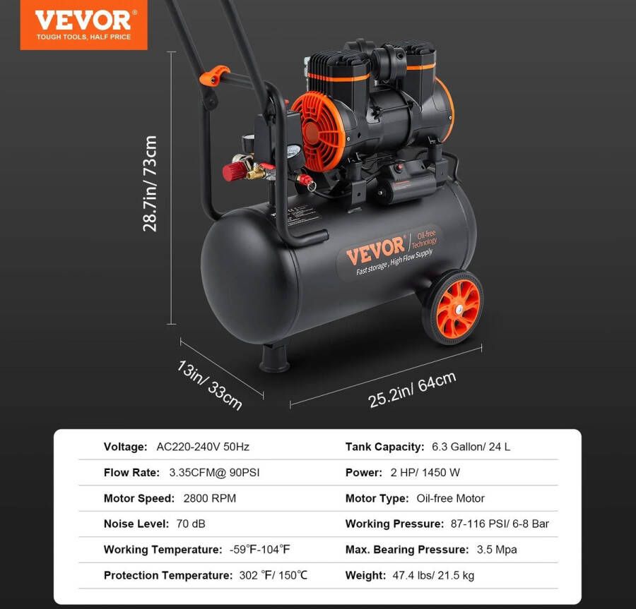 Chuvie Compressor 24L 1450W Stille persluchtcompressor olievrije compressor