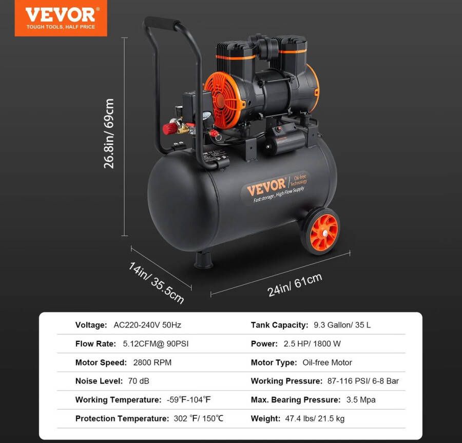 Chuvie Compressor 35L 1800W Stille persluchtcompressor