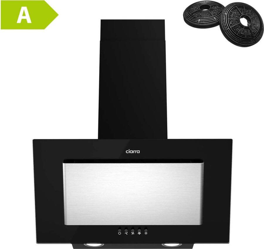 Ciarra CBCB6736D 60cm Schuine Afzuigkap Dampkap RVS Zwart inclusief set koolstoffilters – 350m3 – energieklasse A