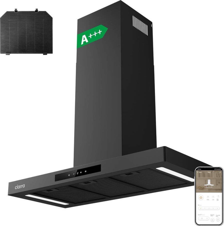 Ciarra CBCB9102-P 90cm Smart Afzuigkap Zwart met WiFi & Touch Control inclusief koolstoffilter – 650m3 – DC motor energieklasse A+++