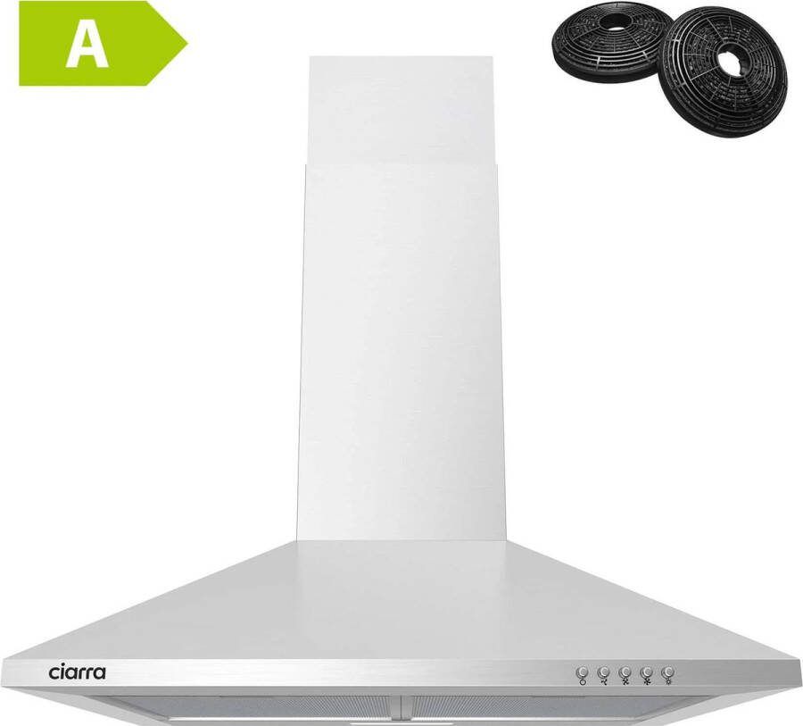 Ciarra CBCS6201 Afzuigkap Wandschouw 60cm RVS inclusief set koolstoffilters 370m3 energieklasse A++ DC motor