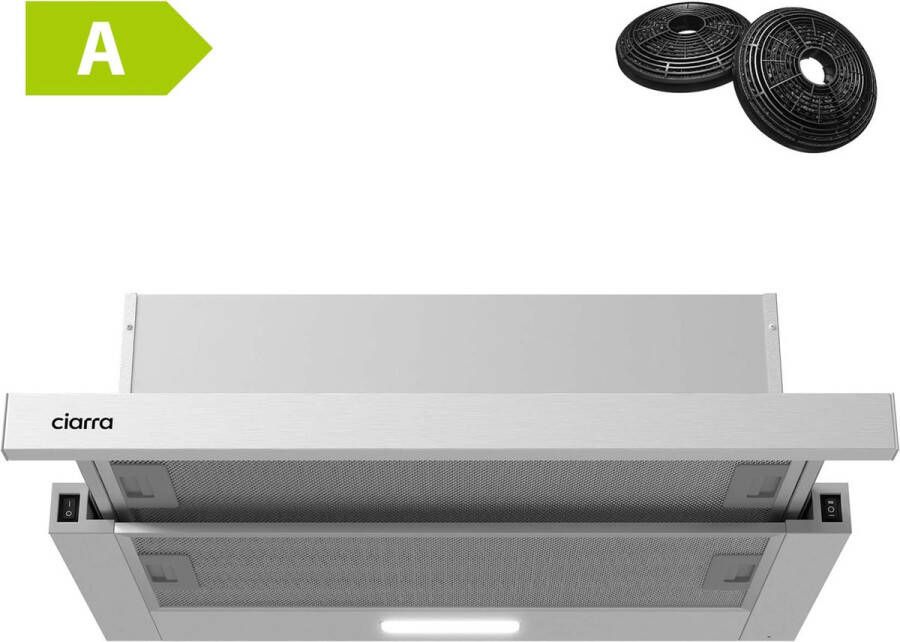 Ciarra CBCS6906D Vlakscherm Afzuigkap 60cm RVS – Inclusief set koolstoffilters 370m3 – Energieklasse A