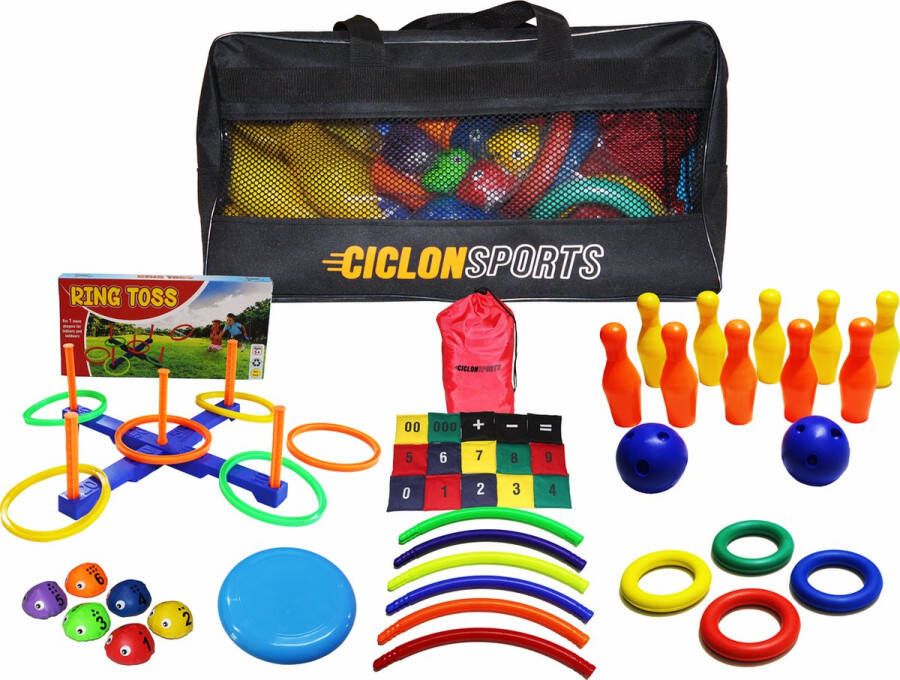 Ciclón Sports Sport en spel activiteiten kinderen Basisschool Kinderopvang Lerend spelen Ringwerpspel Bowlingset Rekenspel Frisbee