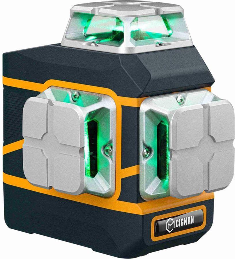 CIGMAN CM-801 3x360° zelfnivellerende laserwaterpas 3D groene kruislijn IP54 met dubbele oplaadbare batterijen afstandsbediening en magnetische L-vormige beugel