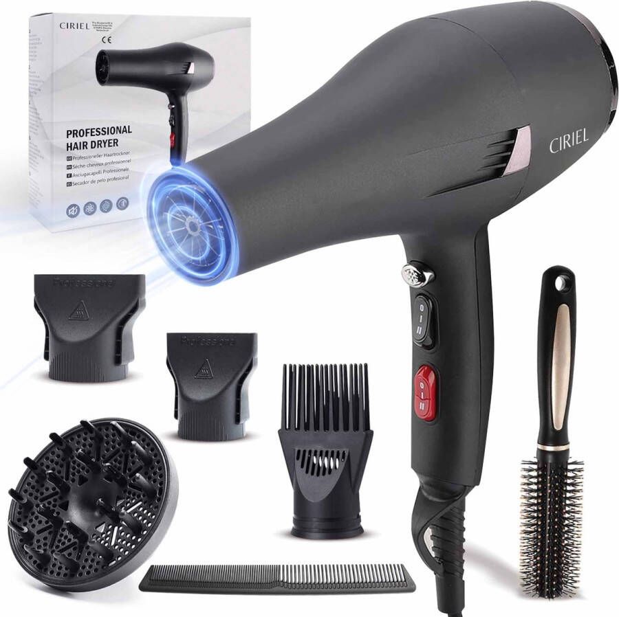 Ciriel Föhn Met Diffuser Haardroger 2400W Complete Set Haardroger Met Borstel 4 Standen Ionische Fohn Krullen 4 Opzetstukken