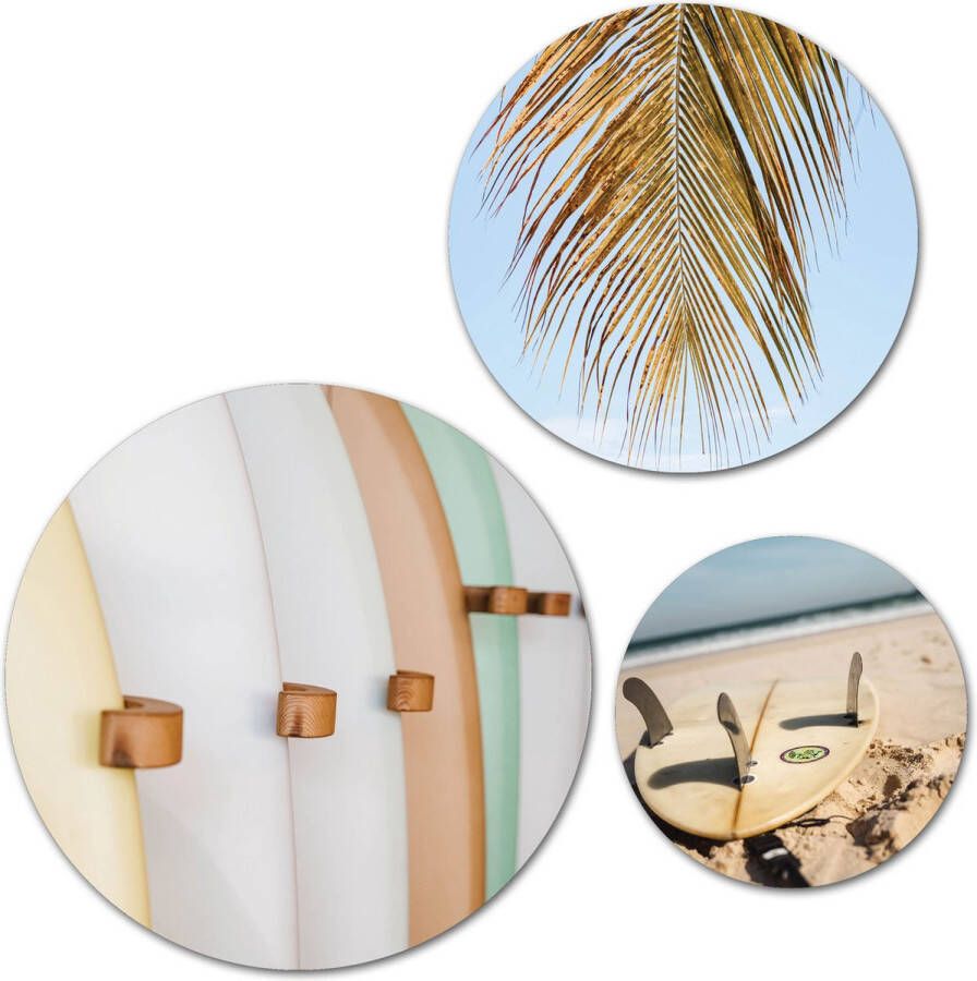 Cirkelz Forex Muurcirkel Set Surfboards en Palmblad Set van 3 Wandcirkels met Ophangsystemen 30x40x50