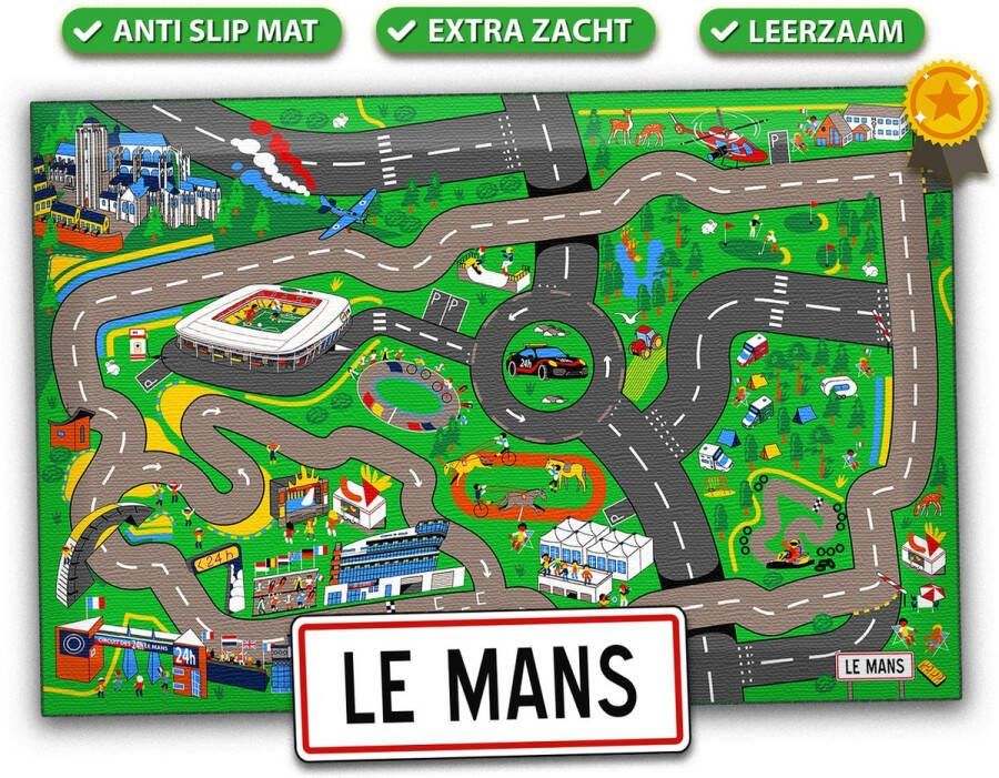 City-Play Auto Speelkleed Circuit Le Mans Wasbaar Vloerkleed 100 x 150 cm Anti Slip Speelmat voor Baby en Kinderkamer Woonkamer en voor Binnen & Buiten