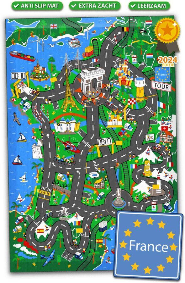 City-Play Auto Speelkleed Frankrijk & Tour de France Wasbaar Vloerkleed 100 x 150 cm Anti Slip Speelmat voor Baby en Kinderkamer Woonkamer en voor Binnen & Buiten