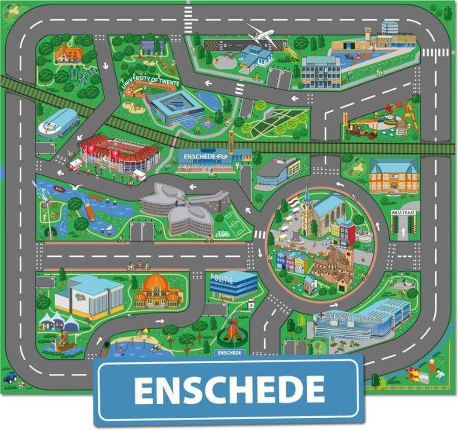City-Play Auto Speelkleed van stad Enschede Wasbaar Vloerkleed 100 x 150 cm Anti Slip Speelmat voor Baby en Kinderkamer Woonkamer en voor Binnen & Buiten