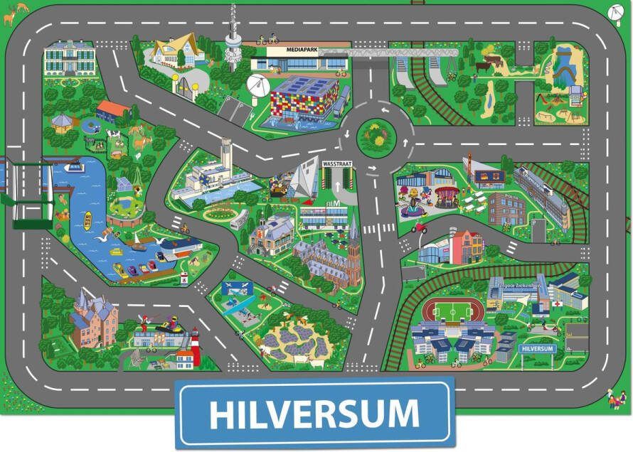 City-Play Auto Speelkleed van Hilversum Wasbaar Vloerkleed 100 x 150 cm Anti Slip Speelmat voor Baby en Kinderkamer Woonkamer en voor Binnen & Buiten