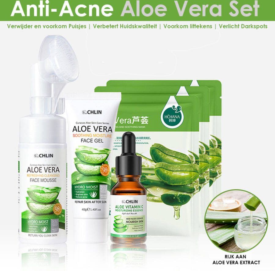 CL CHLIN Aloevera Acne verzorging set Gezichtsverzorging acne verwijderen set gezichtsborstel face wash voor dames en mannen jongens en meisjes vitamine C serum anti acne anti puisjes acne creme pimple patch puisten