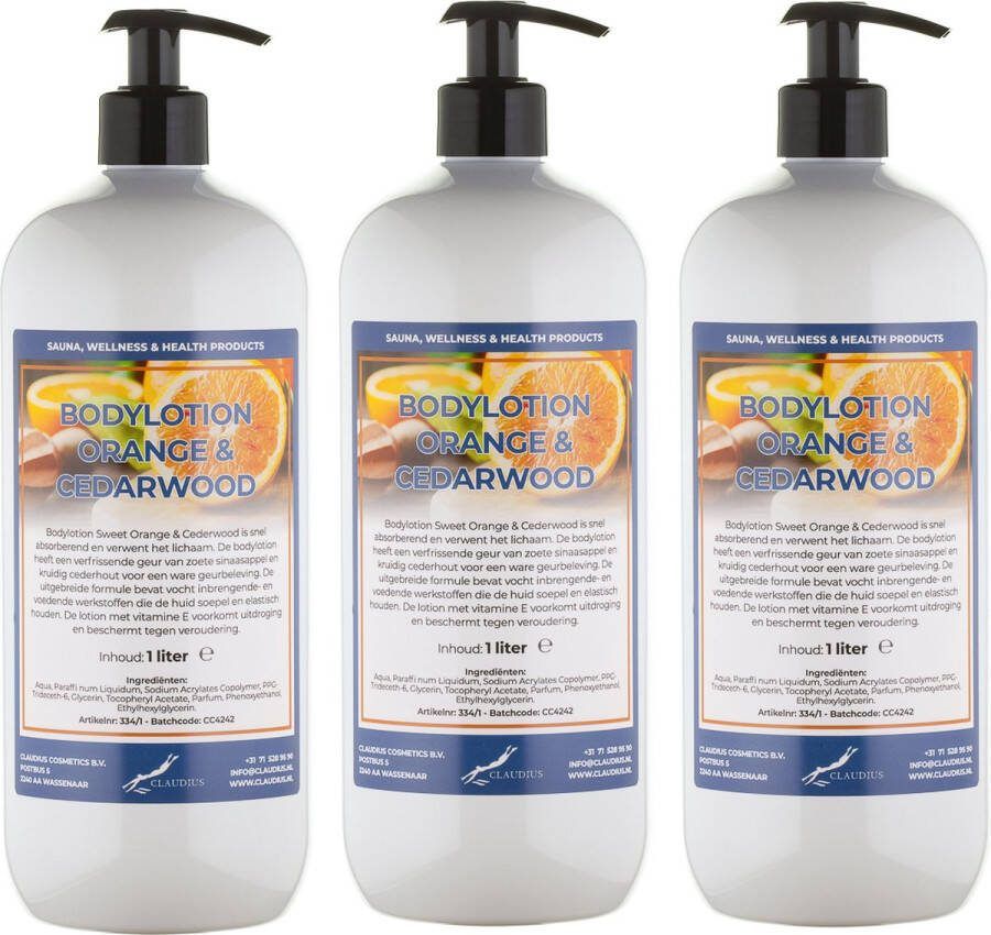 Claudius Cosmetics Benelux B.V. Bodylotion Sweet Orange & Cedarwood 1 liter set van 3 stuks met gratis pomp