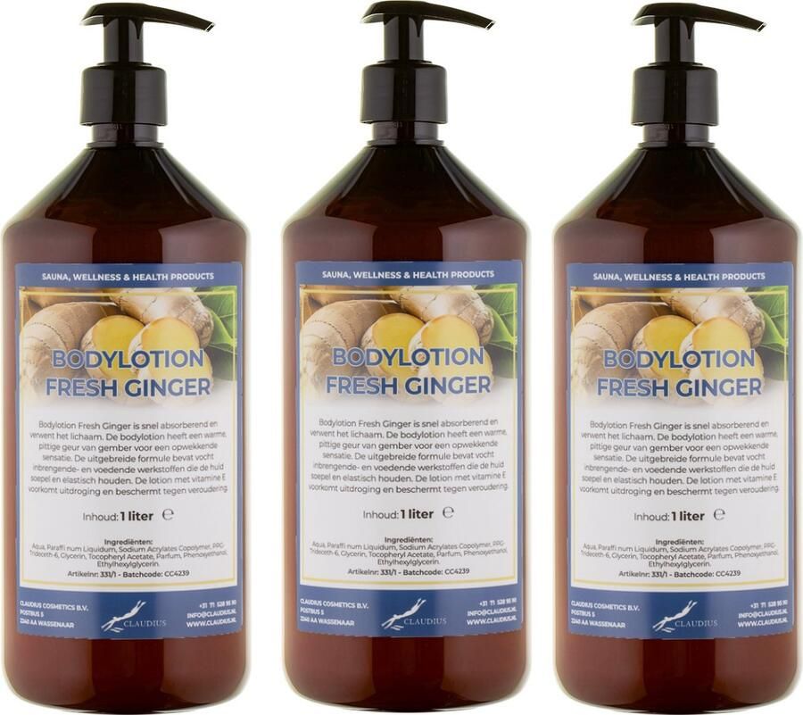 Claudius Cosmetics Benelux B.V. Bodylotion Fresh Ginger 1 liter set van 3 stuks met gratis pomp