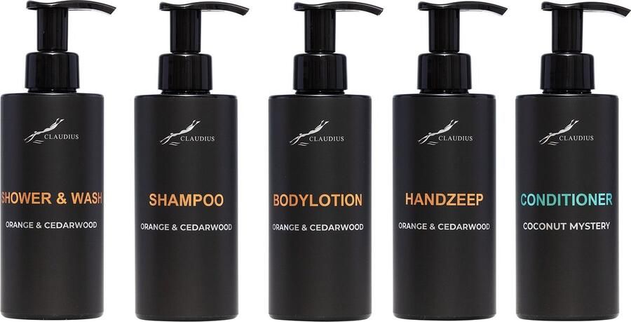 Claudius Cosmetics Benelux B.V. Compleet pakket Sweet Orange & Cedarwood Shower & Wash + Shampoo + Bodylotion + Handzeep + Coconut Conditioner- 300 ml per fles complete set van 5 stuks bodycare luxe fles