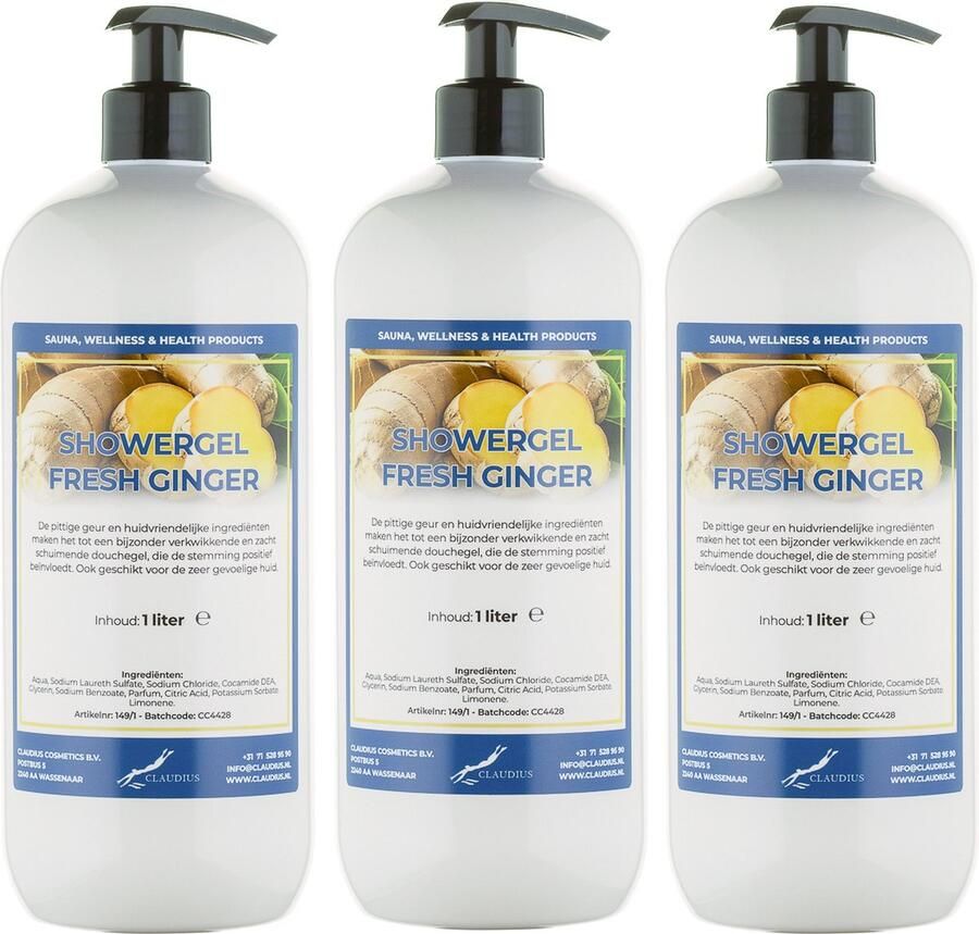 Claudius Cosmetics Benelux B.V. Douchegel Fresh Ginger 1 liter set van 3 stuks met gratis pomp showergel