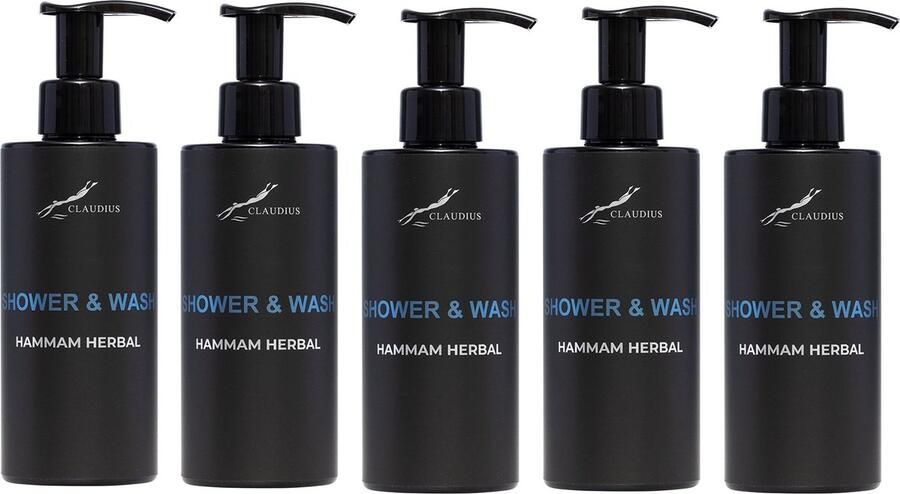 Claudius Cosmetics Benelux B.V. Shower & Wash Hammam Herbal 300 ml met pomp zwarte fles set van 5 stuks Voordeelverpakking