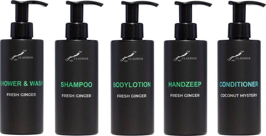 Claudius Cosmetics Benelux B.V. Compleet pakket Fresh Ginger Shower & Wash + Shampoo + Bodylotion + Handzeep + Coconut Conditioner- 300 ml per fles complete set van 5 stuks bodycare luxe fles