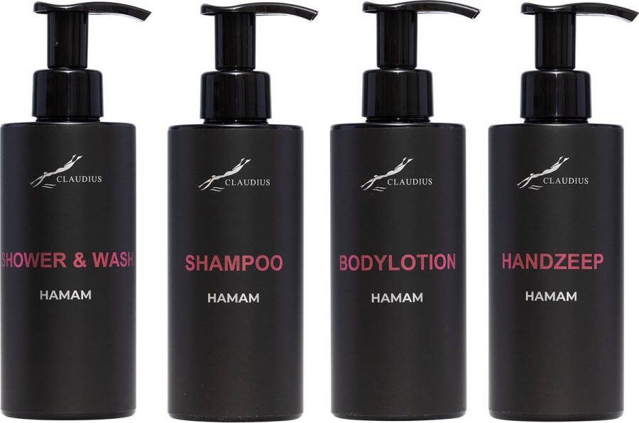 Claudius Cosmetics Benelux B.V. Compleet pakket Hamam Shower & Wash + Shampoo + Bodylotion + Handzeep 300 ml per fles complete set van 4 stuks bodycare luxe fles