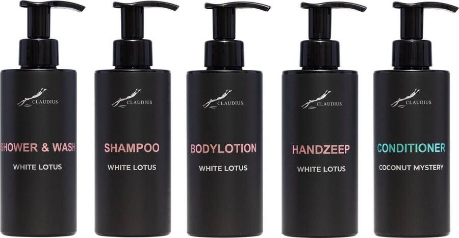 Claudius Cosmetics Benelux B.V. Compleet pakket White Lotus Shower & Wash + Shampoo + Bodylotion + Handzeep + Coconut Conditioner- 300 ml per fles complete set van 5 stuks bodycare luxe fles