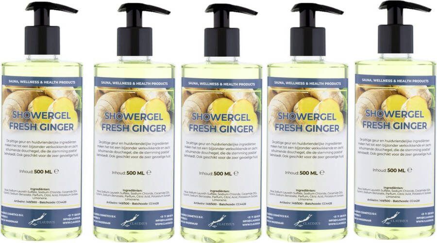 Claudius Cosmetics Benelux B.V. Douchegel Fresh Ginger 500 ml set van 5 stuks met gratis pomp Showergel