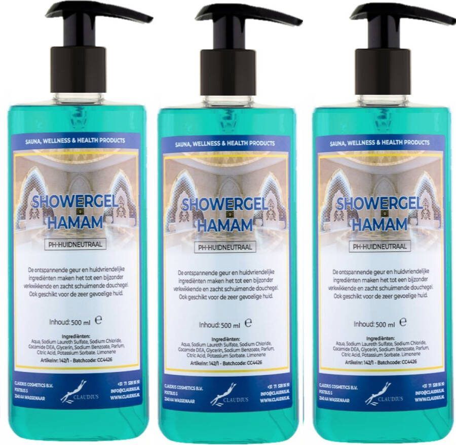 Claudius Cosmetics Benelux B.V. Douchegel Hamam 500 ml set van 3 stuks met gratis pomp Showergel