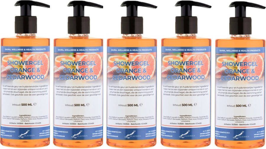 Claudius Cosmetics Benelux B.V. Douchegel Sweet Orange & Cedarwood 500 ml set van 5 stuks met gratis pomp Showergel